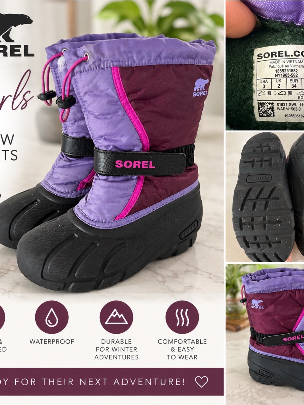 Sorel Girls' Winter Boots in Purple & Burgundy with Pink Accent